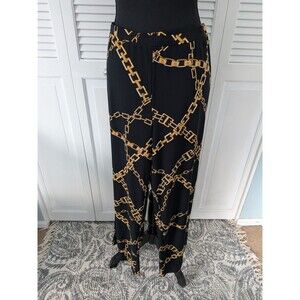 Susan Graver Pants Womens S Status Print Liquid Knit Wide leg Black Gold Chains